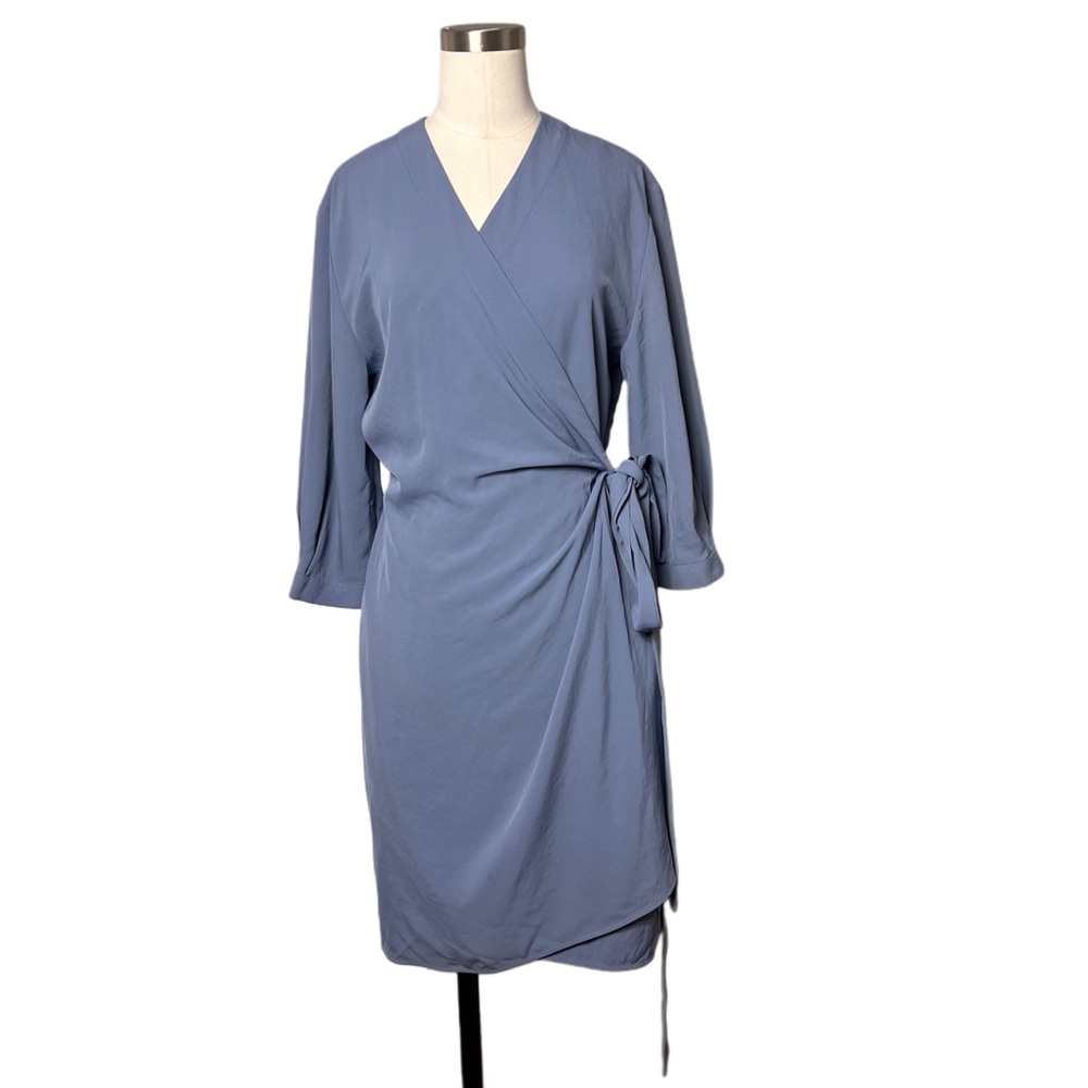 Everlane The Japanese GoWeave Long Sleeve Mini Wrap Dress Slate Blue 6 Secretary - Picture 4 of 9